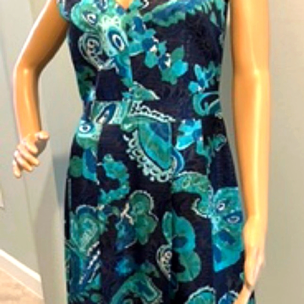 Tory Burch‎ Black, Blue & Teal Sleeveless Silk Blend Fit & Flare Dress Si…
